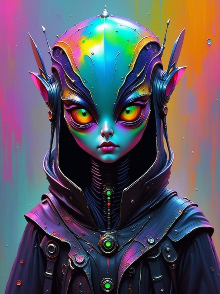 Alien with Iridescent Rainbow Eyes in Futuristic Style