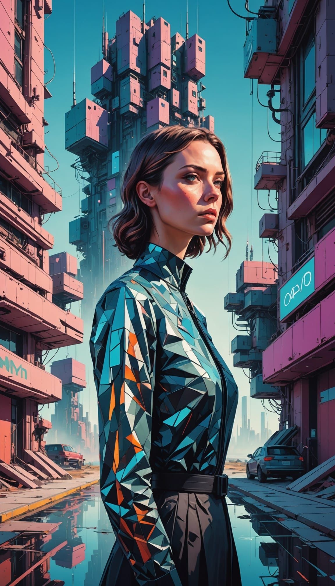 Elegant Woman in Surreal Glitch Art Architecture