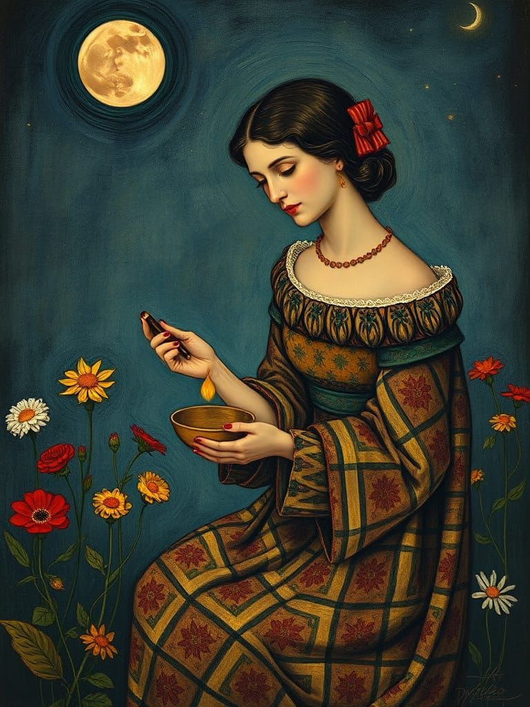 Moonlit Offering: Woman and Lore in Oil Painting Style
