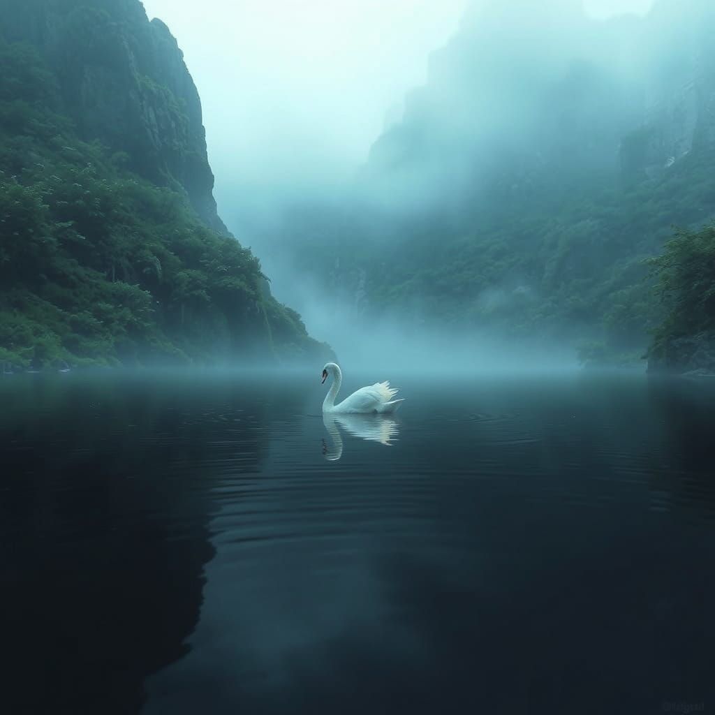 Ethereal Swan Glides on Misty Black Lake