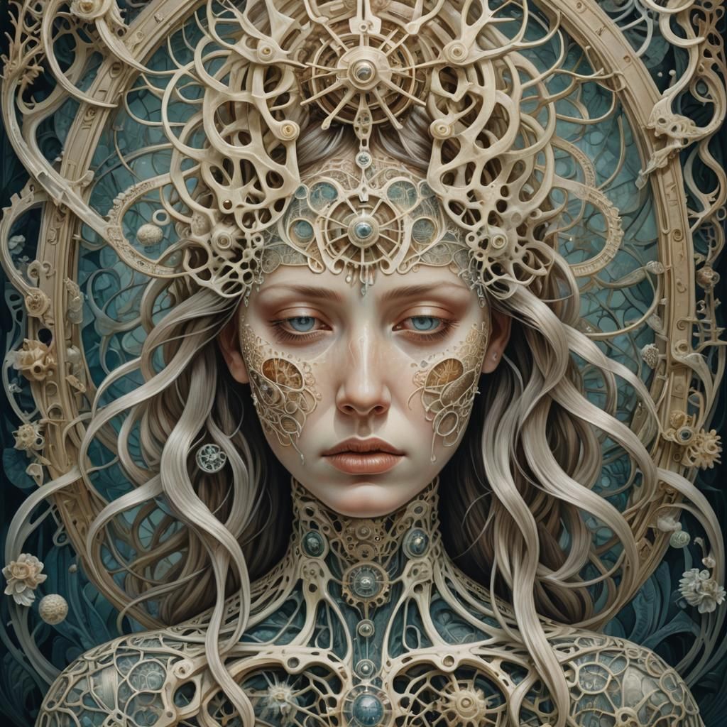 Surreal Mechanical Woman in Agony: Mixed Media Art