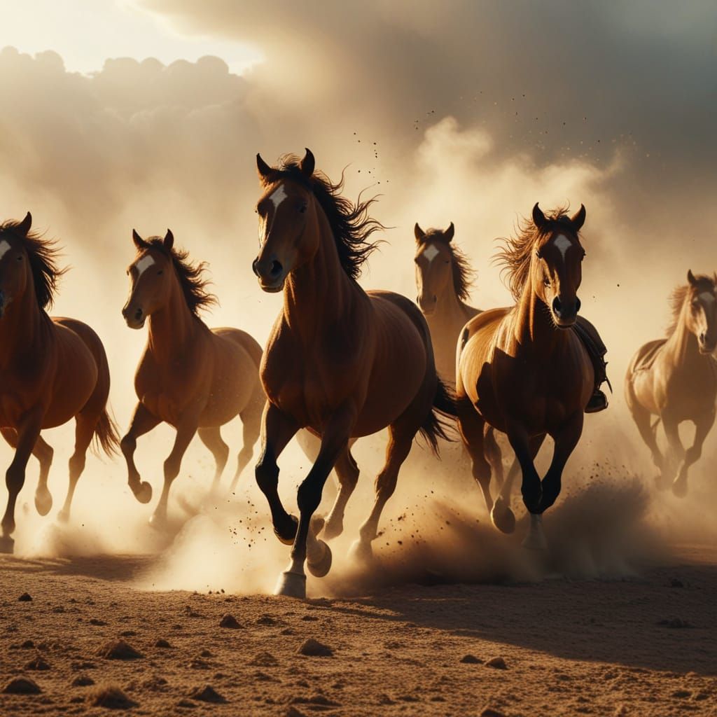 Wild Horses Stampede in Golden Hour Cinematic Style