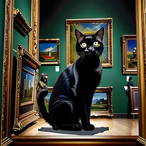 Black Cat Hiding: Surrealist Oil Painting in Museum
