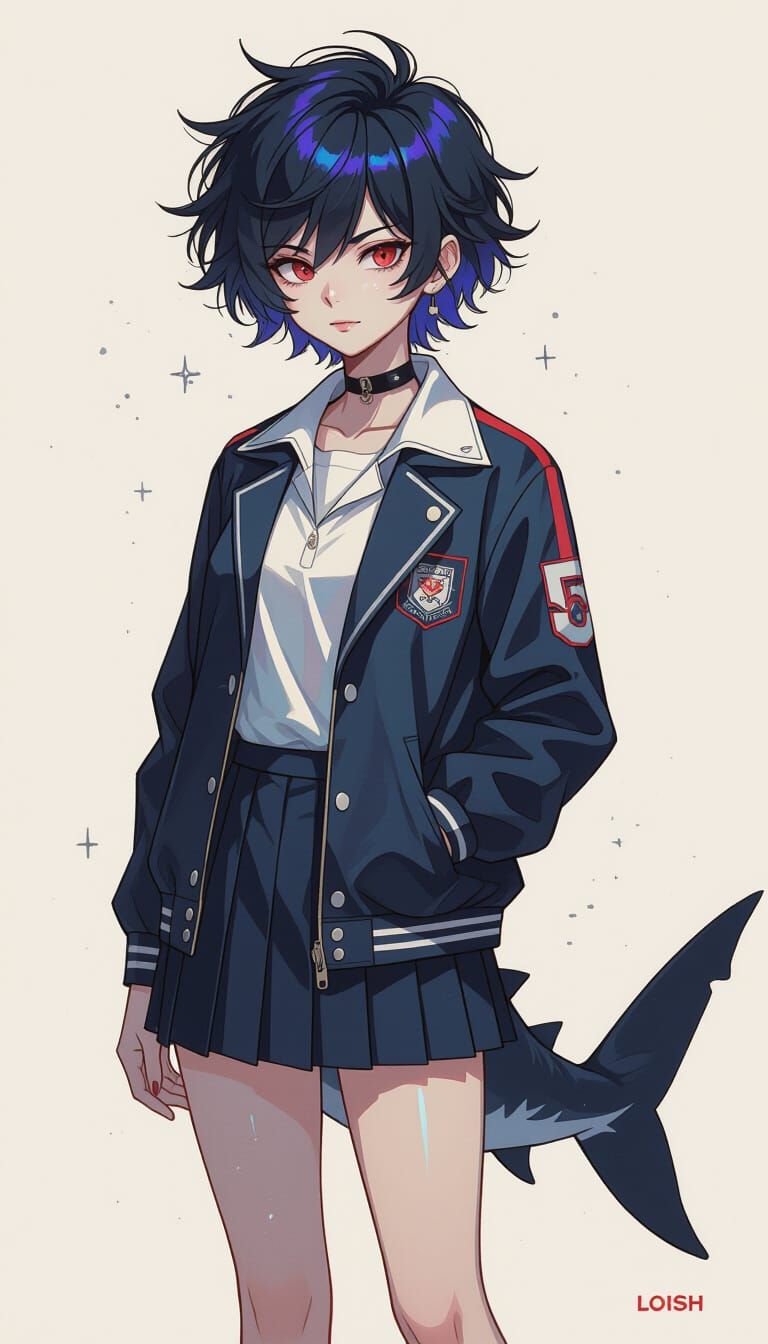 Shark-Tailed Schoolgirl in Bold, Vibrant Style