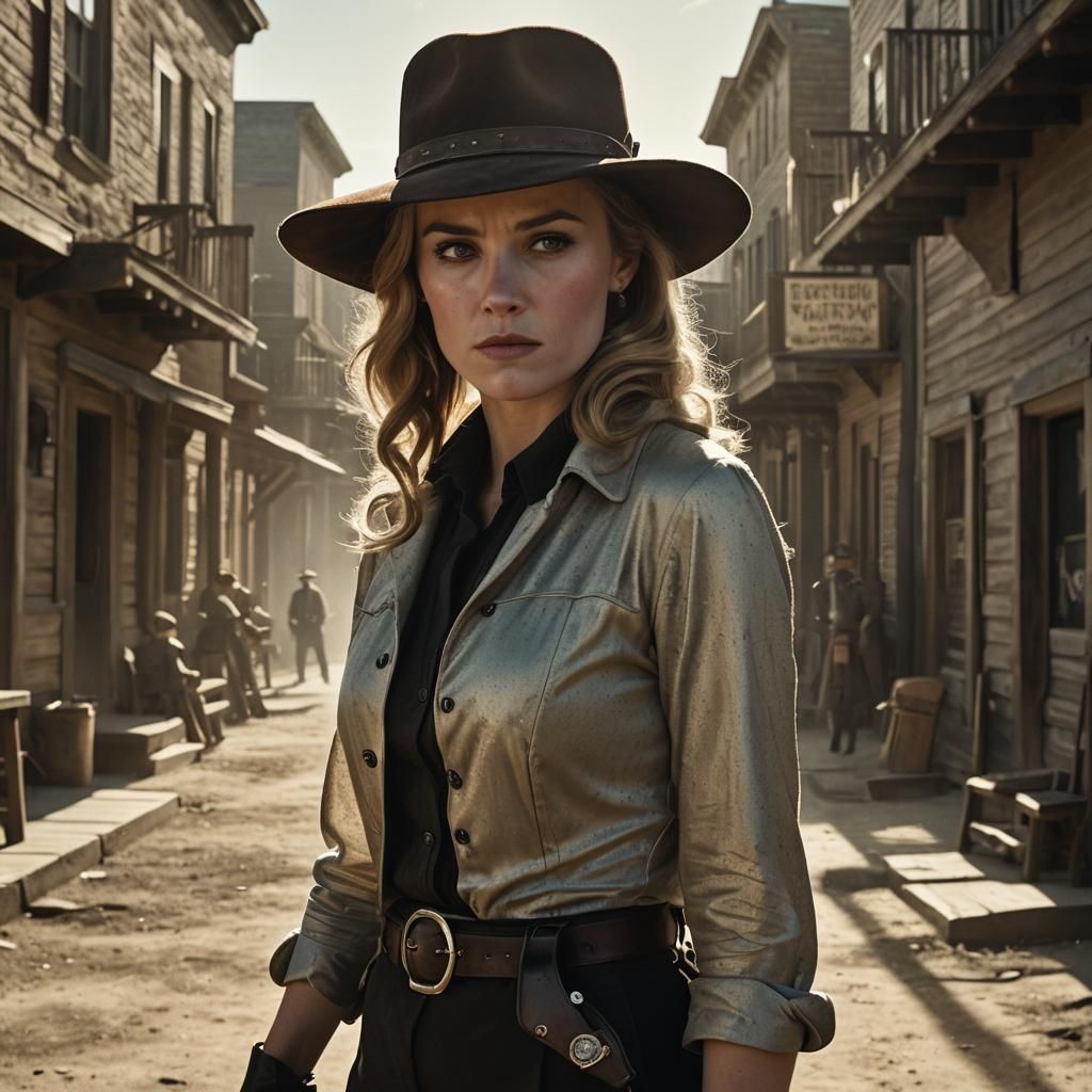 A gritty, Western scene featuring Kissin' Kate Barlow, the i...