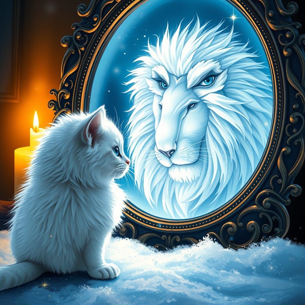 Majestic White Cat Meets its Mirror Image in a Magical Night...
