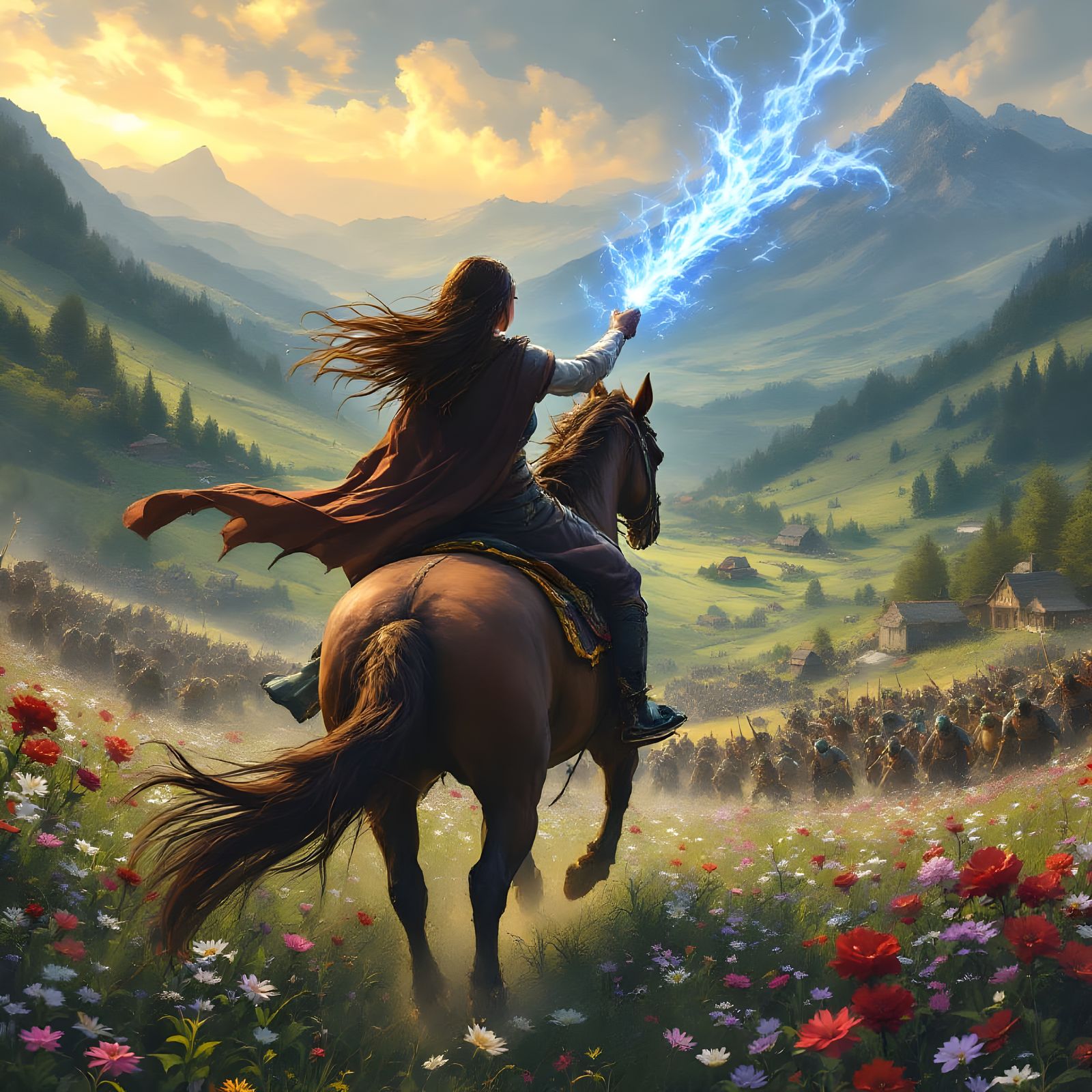 A Pretty Female Wizard Rides through a Fairytale Valley in B...