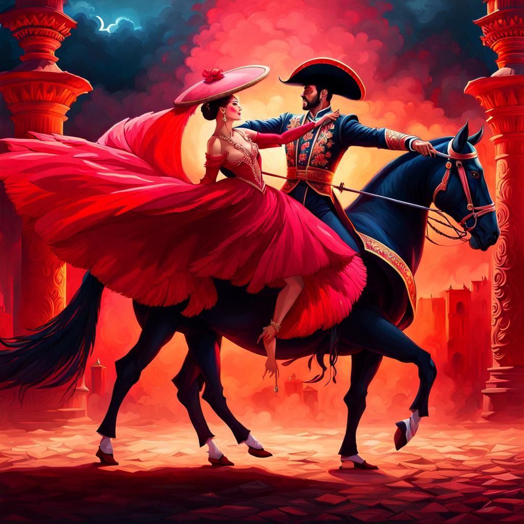 Vibrant Spanish Fiesta Scene with Matador and Flamingo Dance...