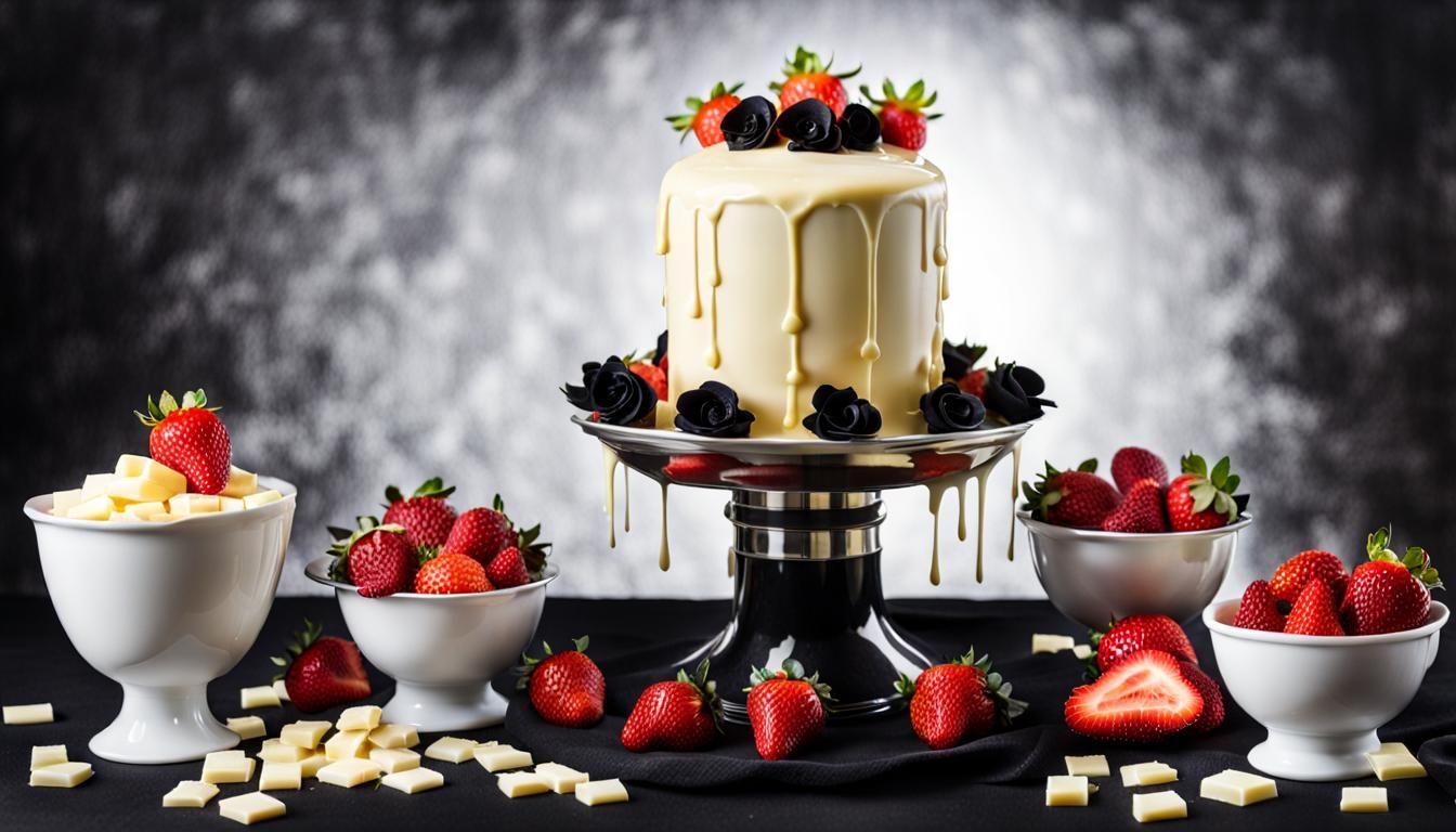 White Chocolate Fountain with Strawberries and Black Roses