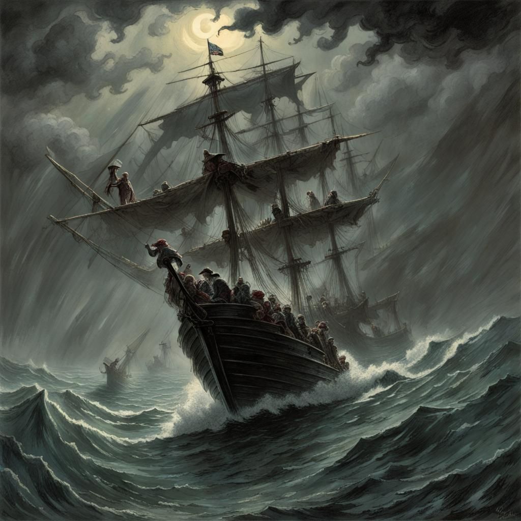 Undead Pirates on the Flying Dutchman in Stormy Seas