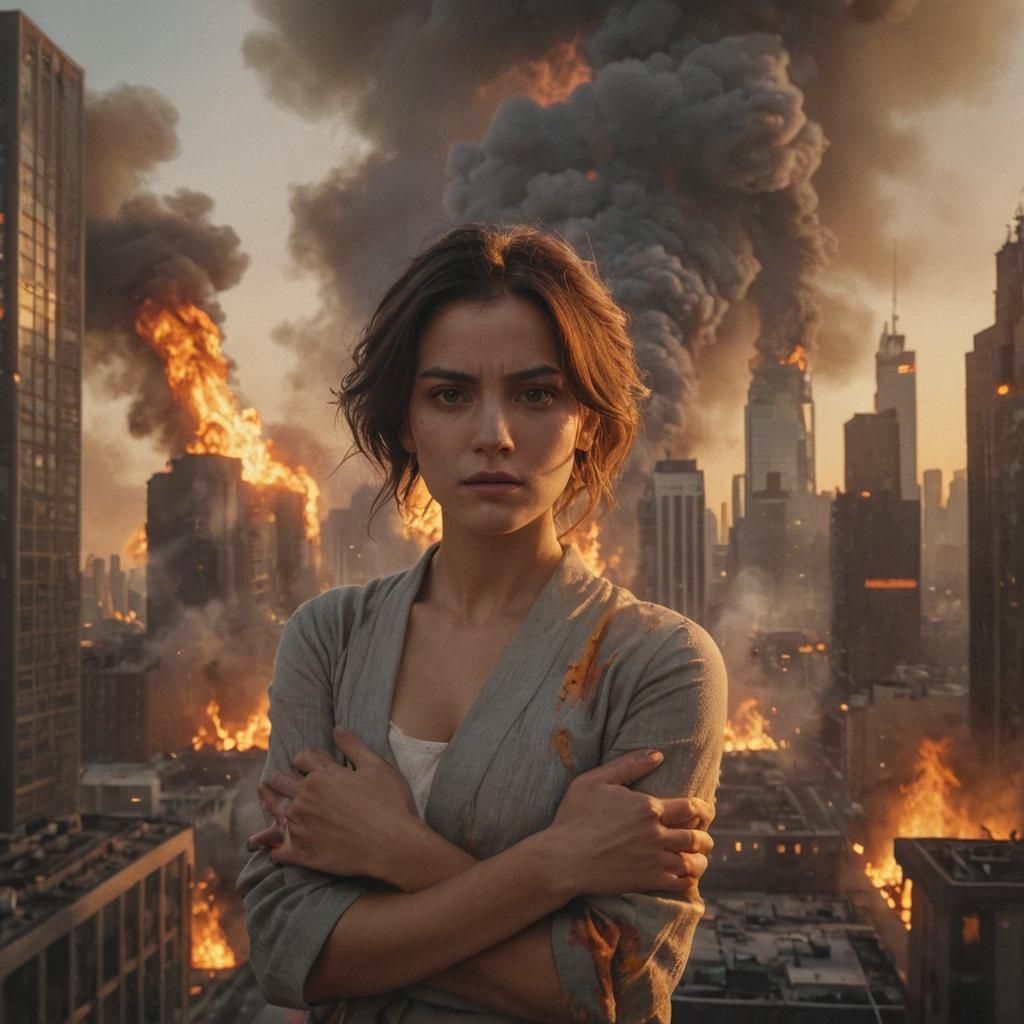 Hyper-Feminine Woman Amidst Burning Cityscape