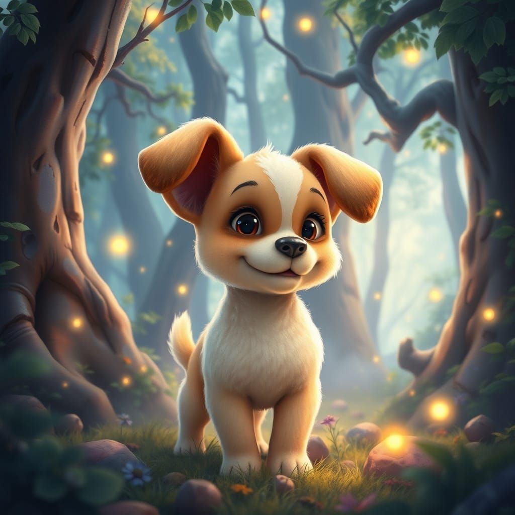 Whimsical Puppy in Enchanted Forest