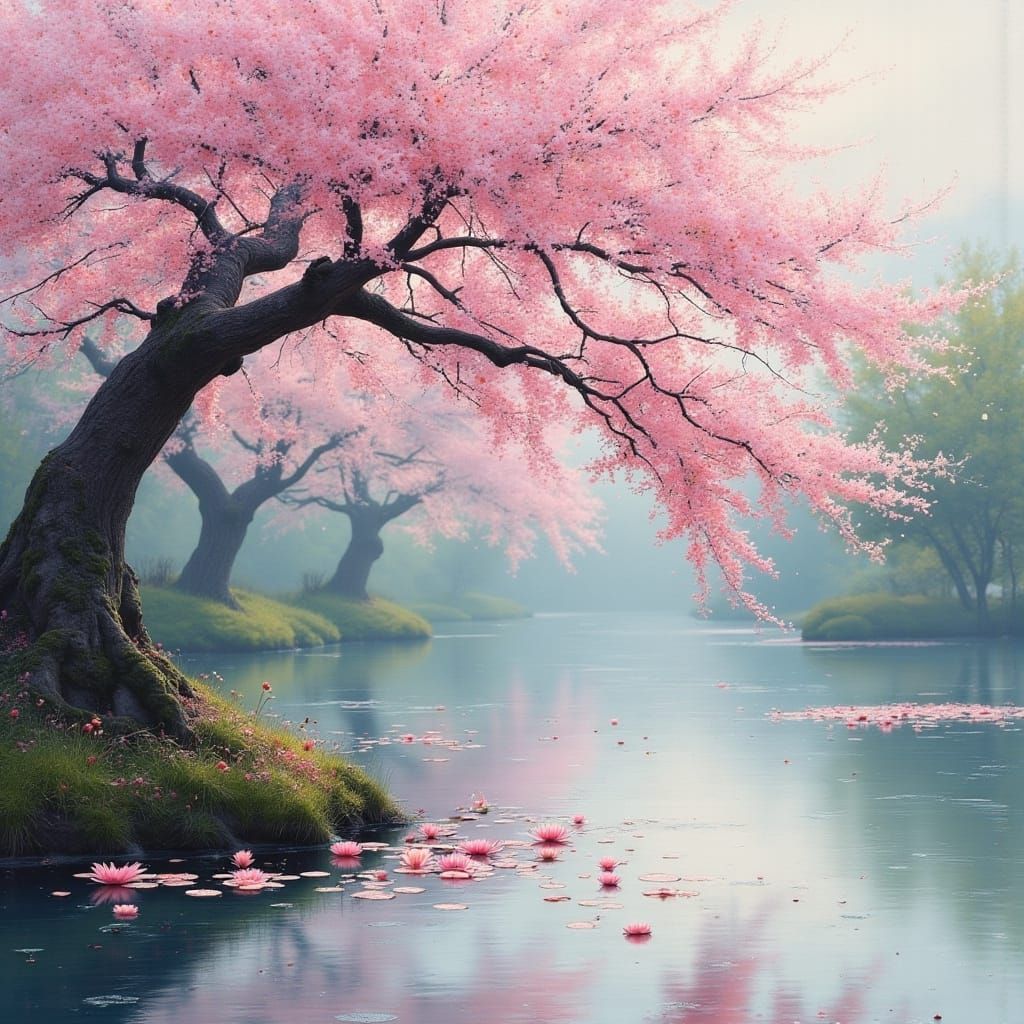 Sakura Tree Reflected in Pond, Impressionist Style