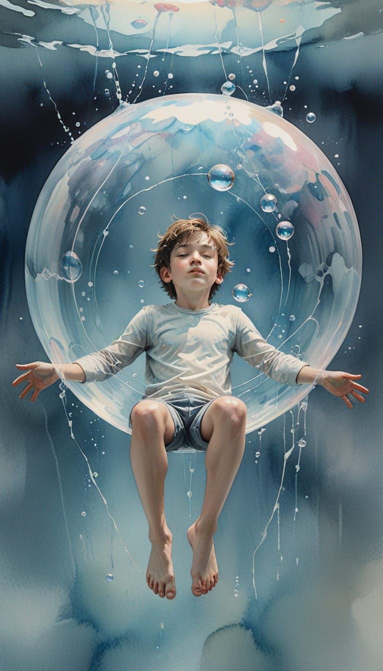 Boy in Bubble: Watercolour and Ink Illustration