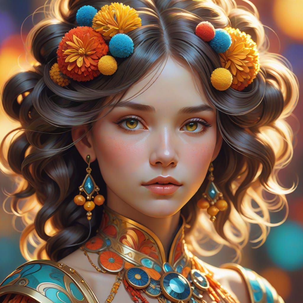 Pom-Pom Hairstyle Portrait in Digital Painting Style
