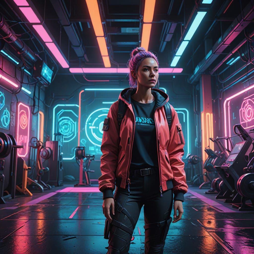 Glowing Neon Goddess in a Vibrant Gym