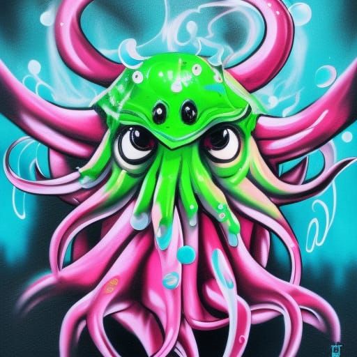 Cute Cthulhu Graffiti Art with Smiling Eyes