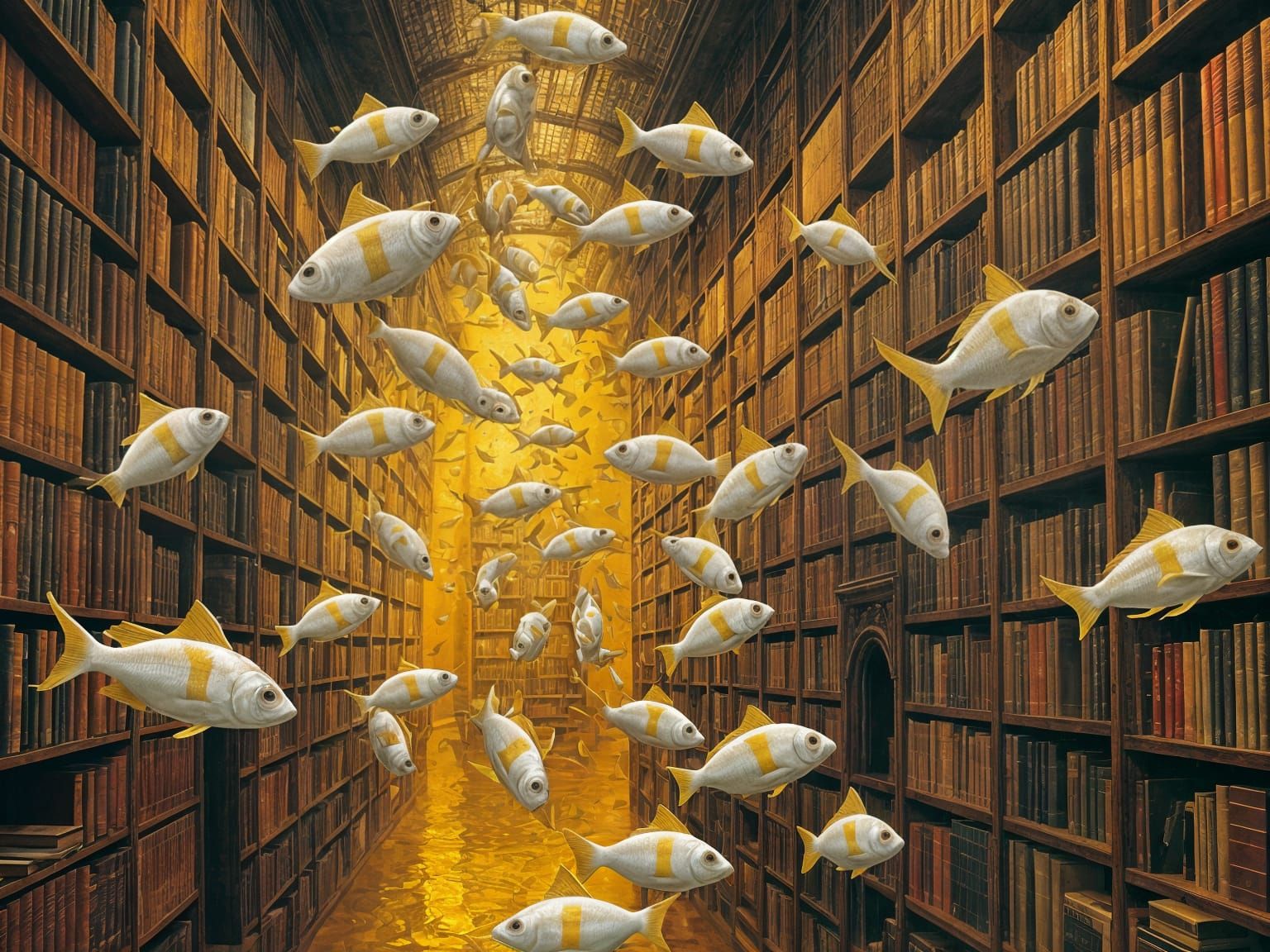 Surreal Fish Navigate Dali-Inspired Library