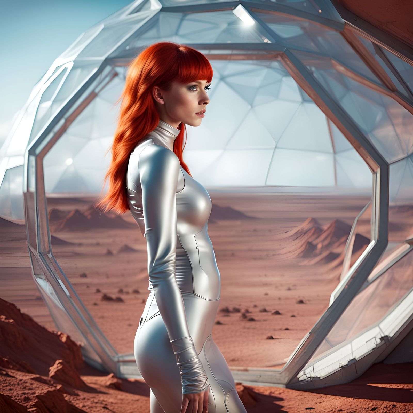 Futuristic Redhead in Geodome on Alien Planet