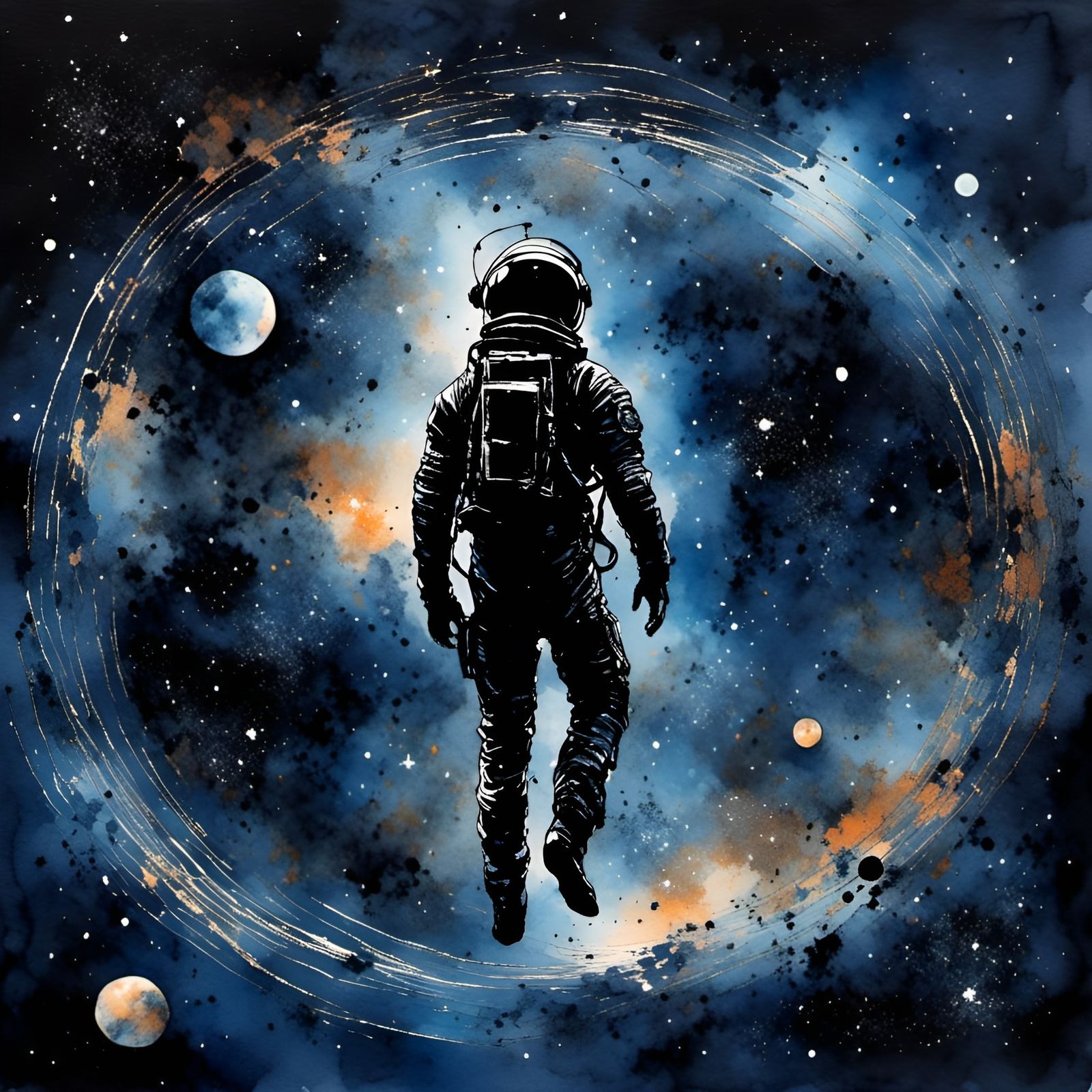 Rugged Man's Silhouette Floating in Galaxy Void