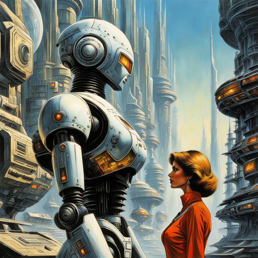 Retro Sci-Fi Cityscape with Woman and Robot