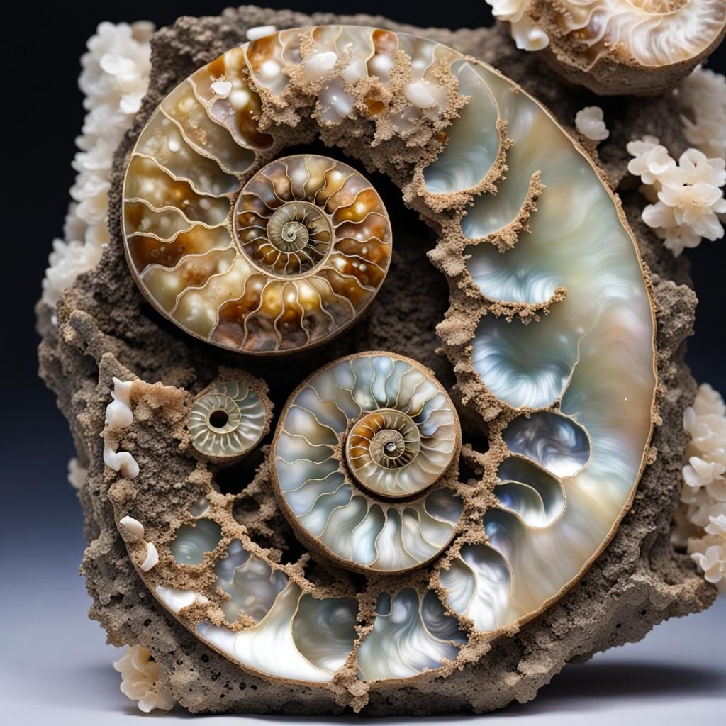 Pyrite Ammonites in Mother of Pearl Geode