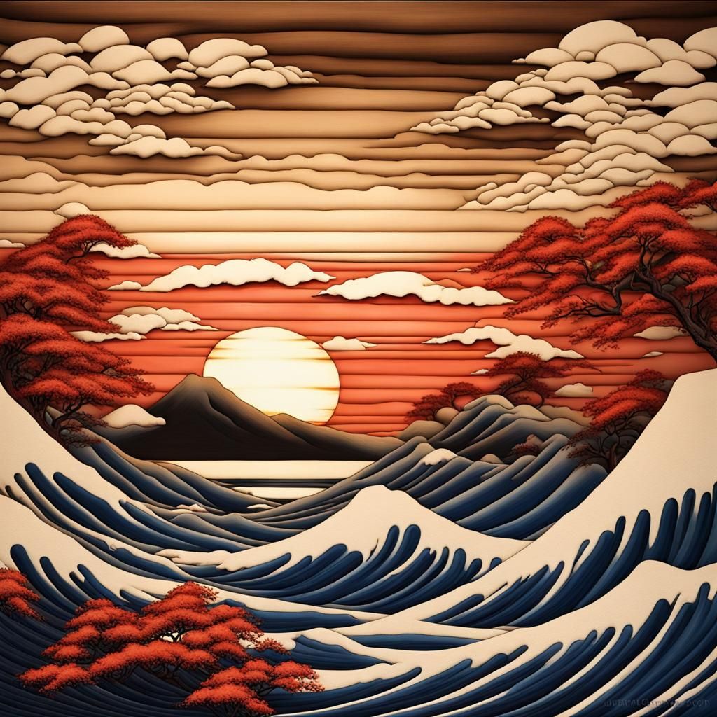 Sundown Volumetric Lighting in Hokusai Style