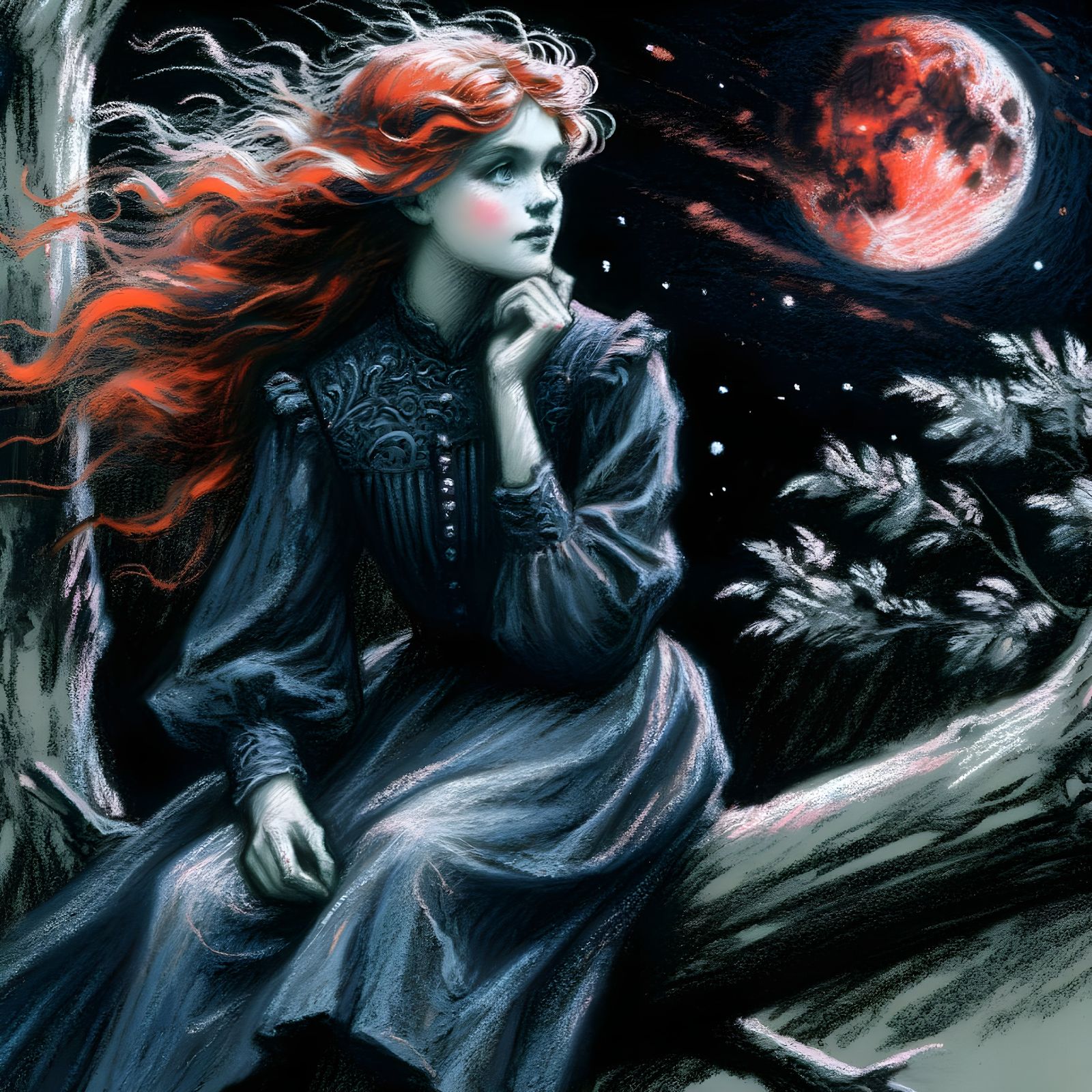 Red-Haired Fairy Contemplating Under Blood Moon