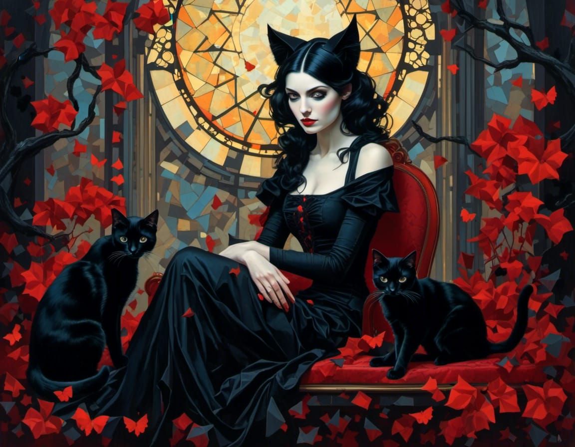 elegant gothic woman with her elegant black cats