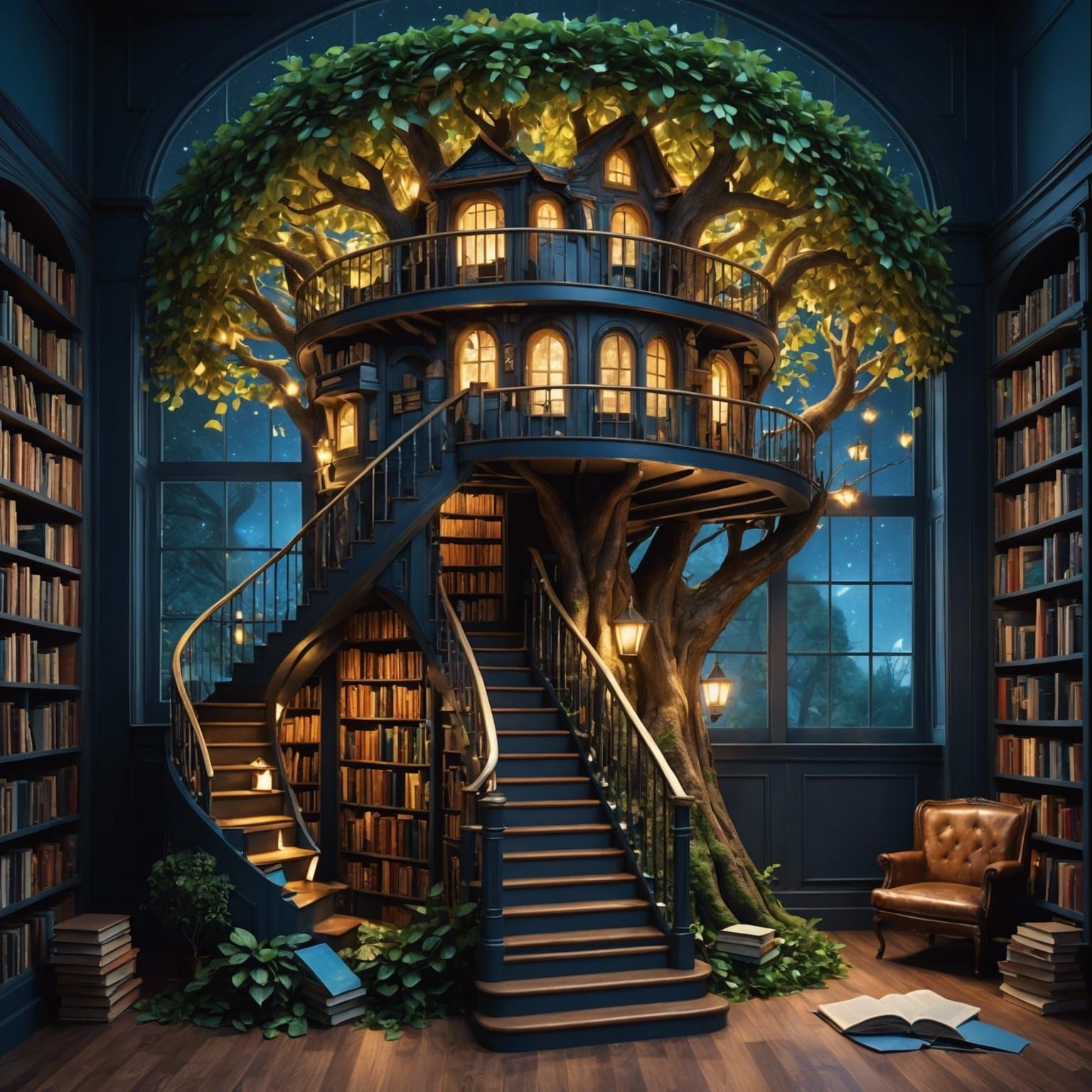 Magical Treehouse Library in Dark Fantasy Style