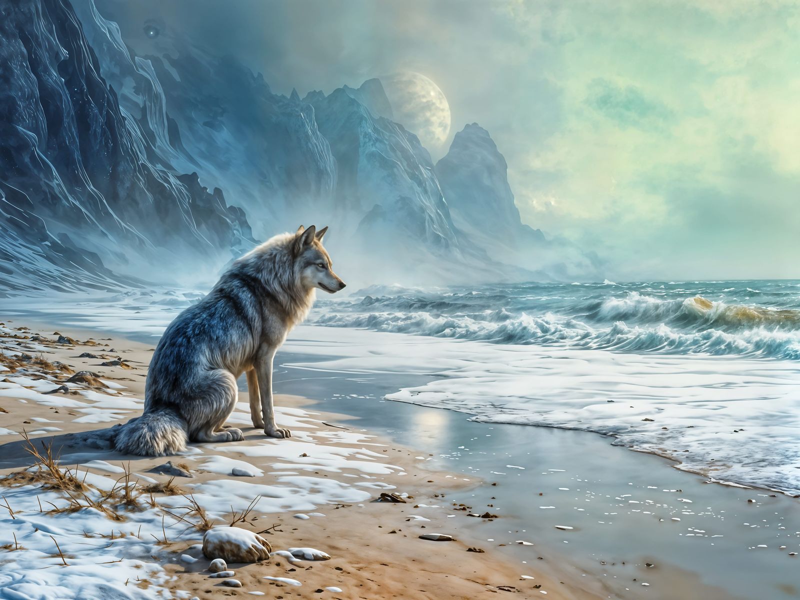 Alien Wolf on Winter Beach, Romantic Landscape