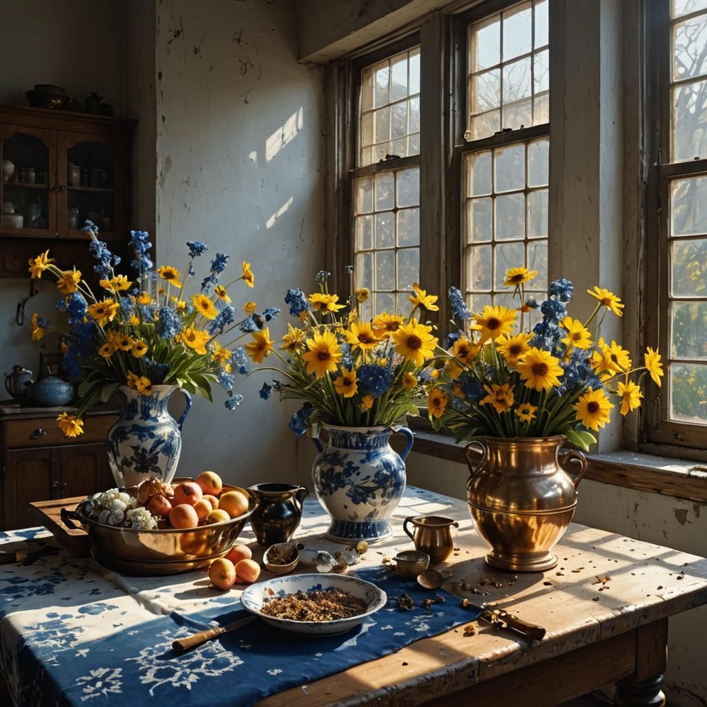 Dried Flowers in Delft Blue Bucket: Vermeer Style