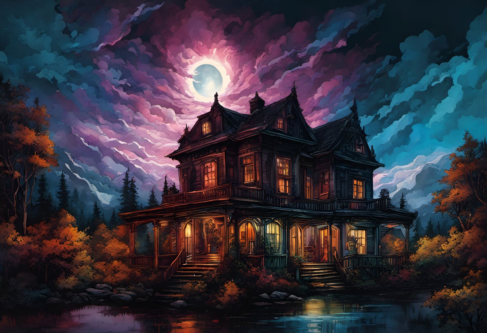 Intricate Manor in Ink and Watercolor Style