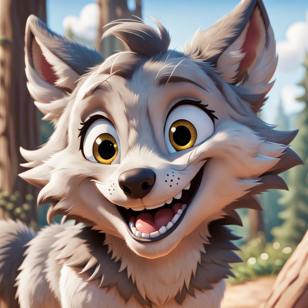Joyful Cartoon Wolf Close-up in Disney Style