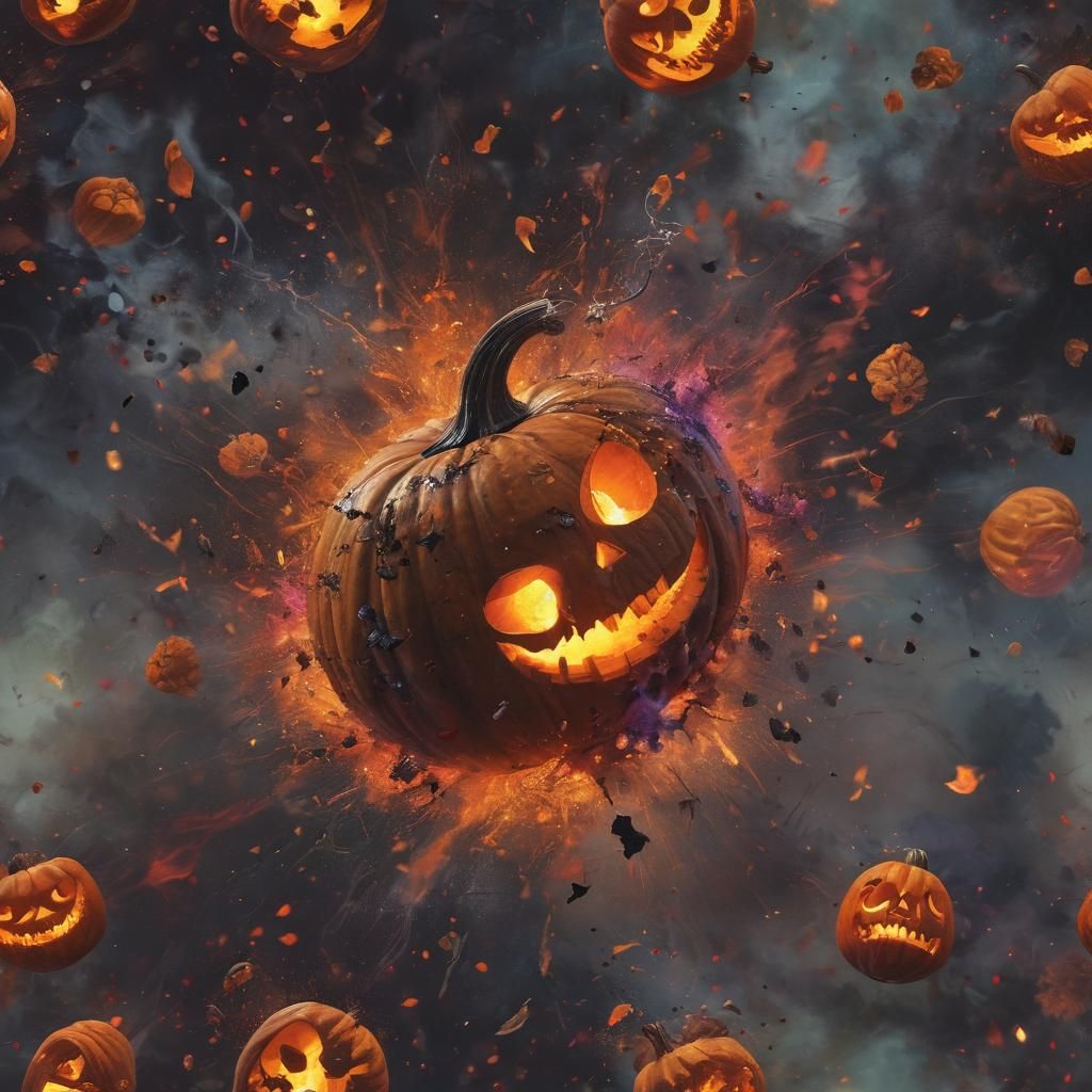 Very scary Halloween pumpkin exploding with colourful sculls...