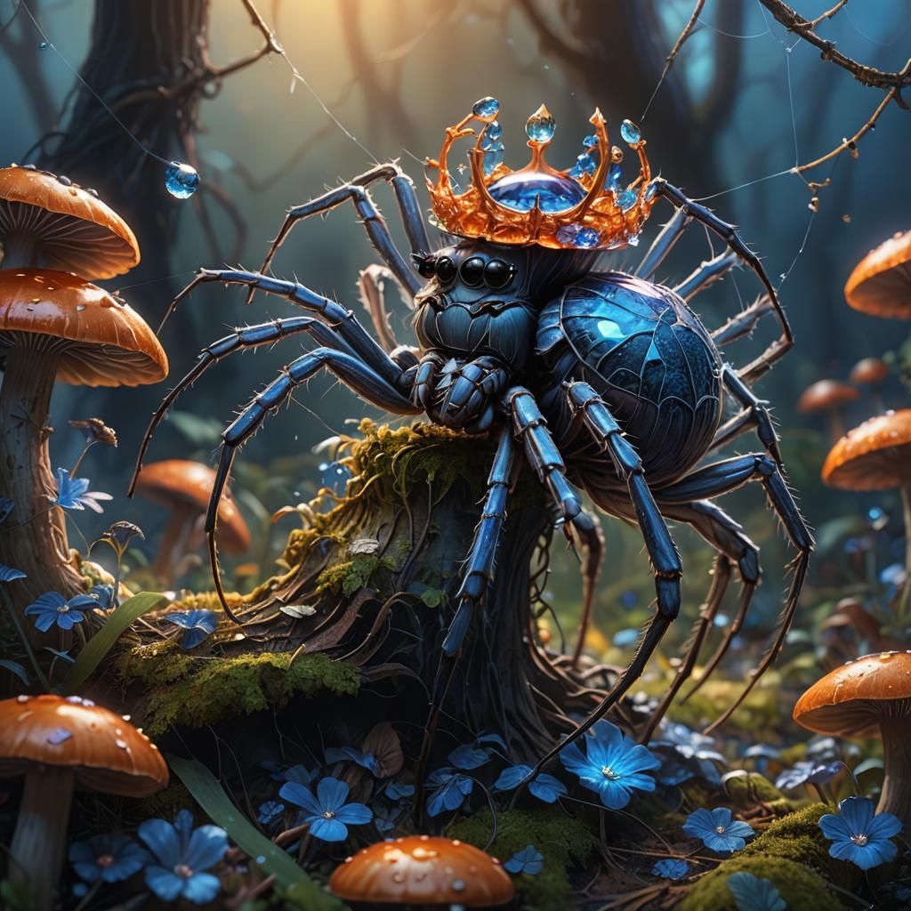 Spider in Tiara on Mushroom, Fantasy Art