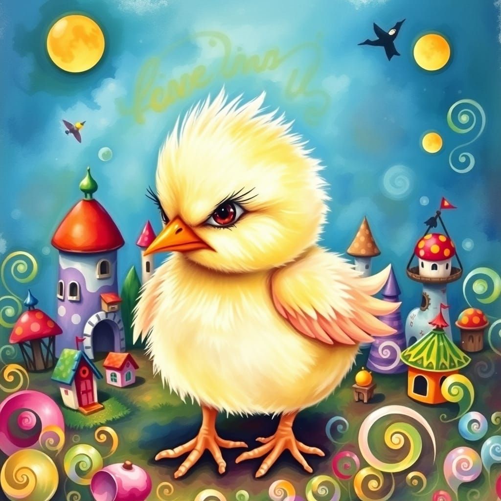 Angry Baby Chick in Candyland Gouache Wonderland