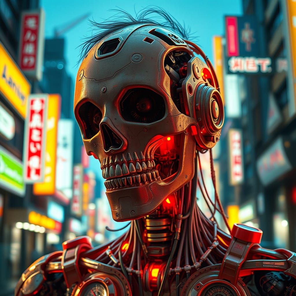 Cyberpunk Character with Mechanical Jaw in Neo-Tokyo