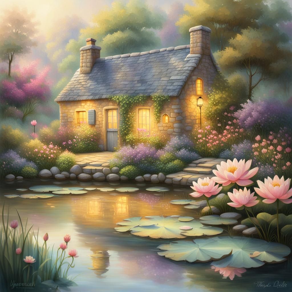 Whimsical Cottage Scene in Idyllic Fantasy Setting
