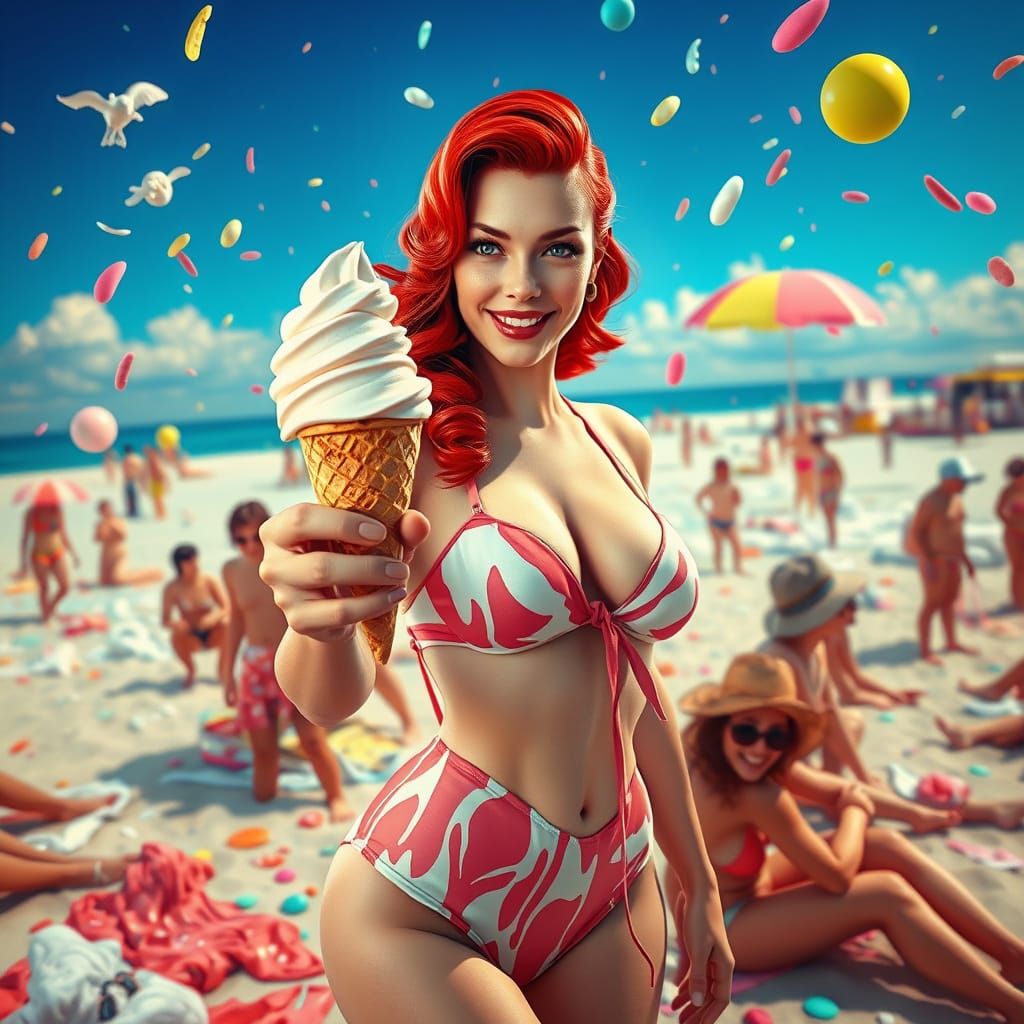 Sultry 1950s Siren Tempts Beachgoers with Ice Cream in a Vib...