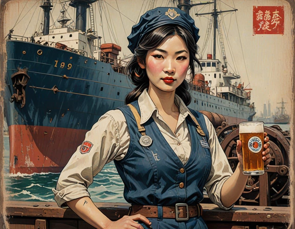 Sassy 1910s Ship Mechanic Pin-Up Girl in Grunge Book Cover S...