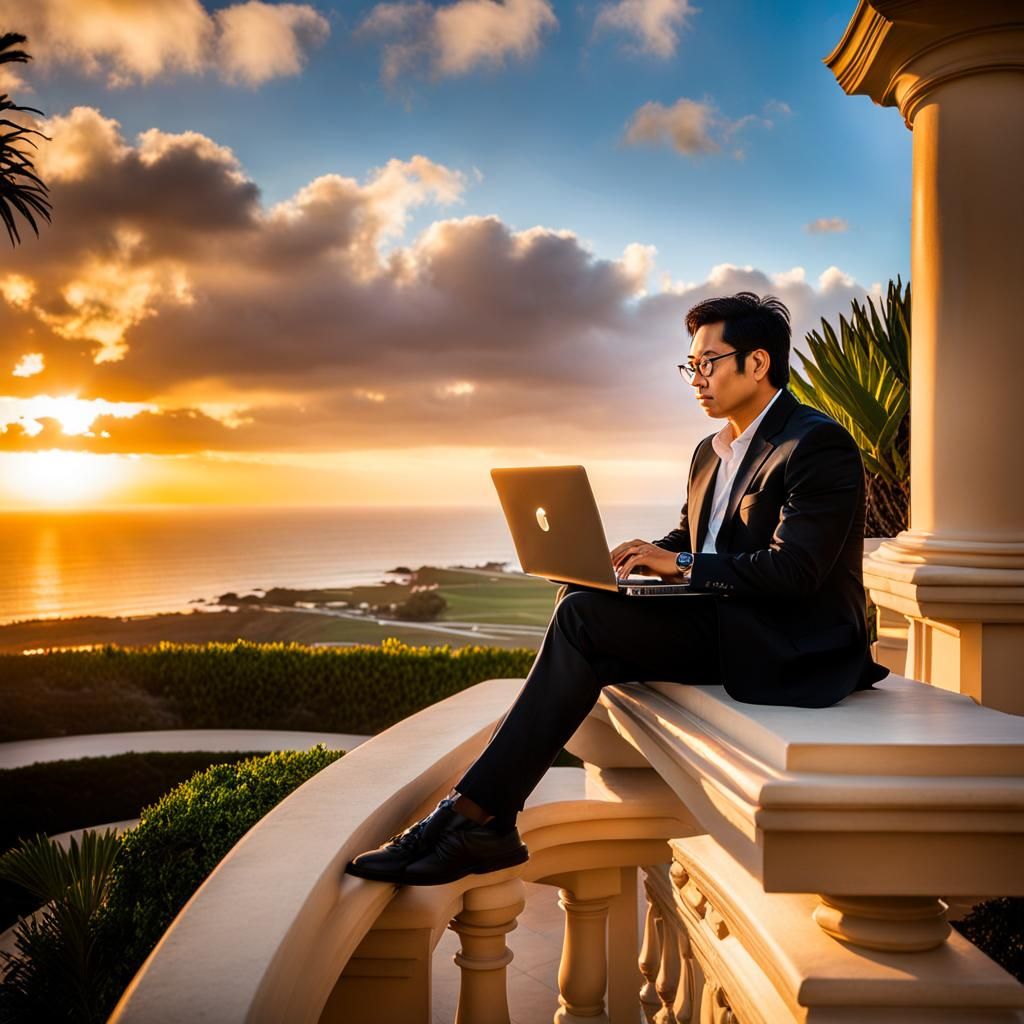 Man on Balcony Gazing at Sunset