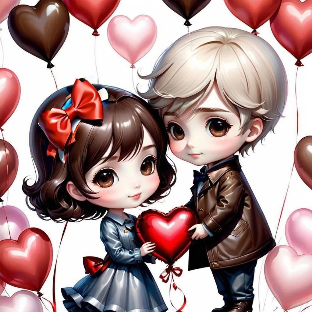 Valentine Chibi Children with Heart Balloons