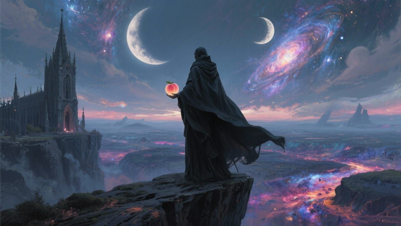Wizard with Glowing Peach Under Twin Moons