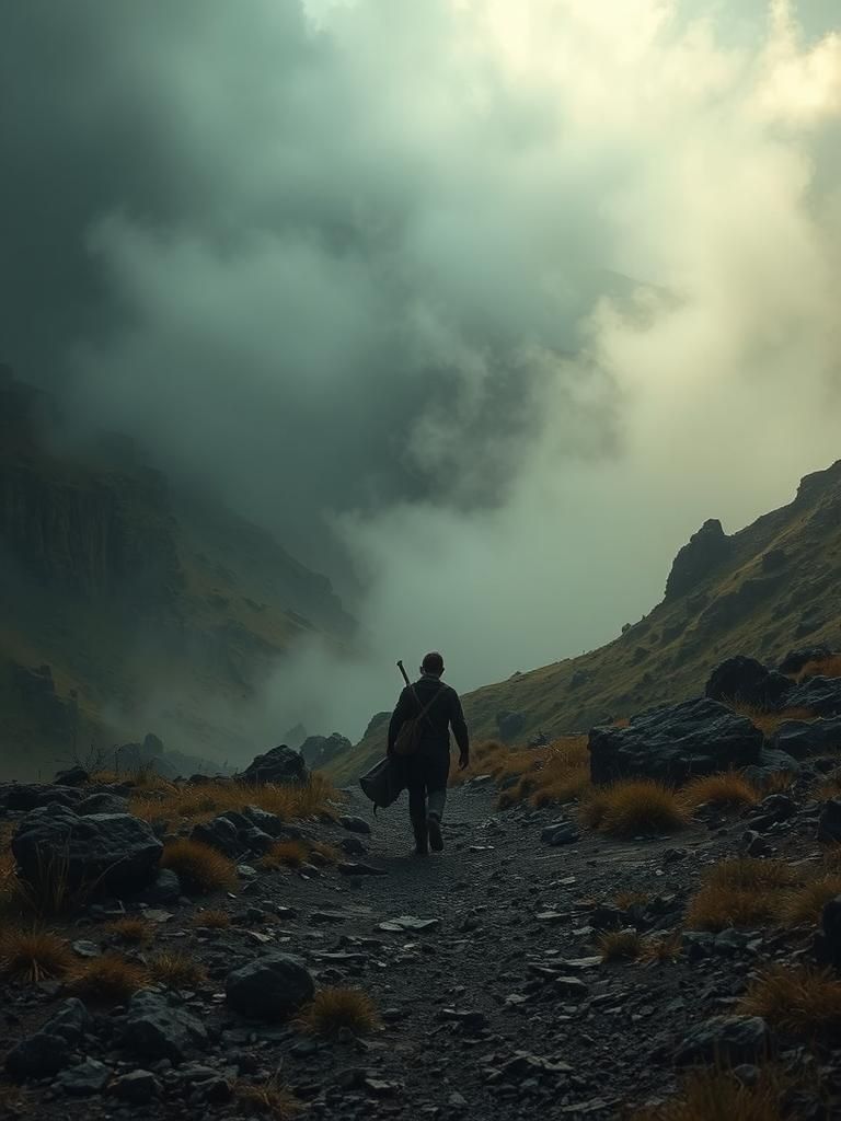 Mystical Adventurer in Rugged Landscape, Cinematic Film Stil...