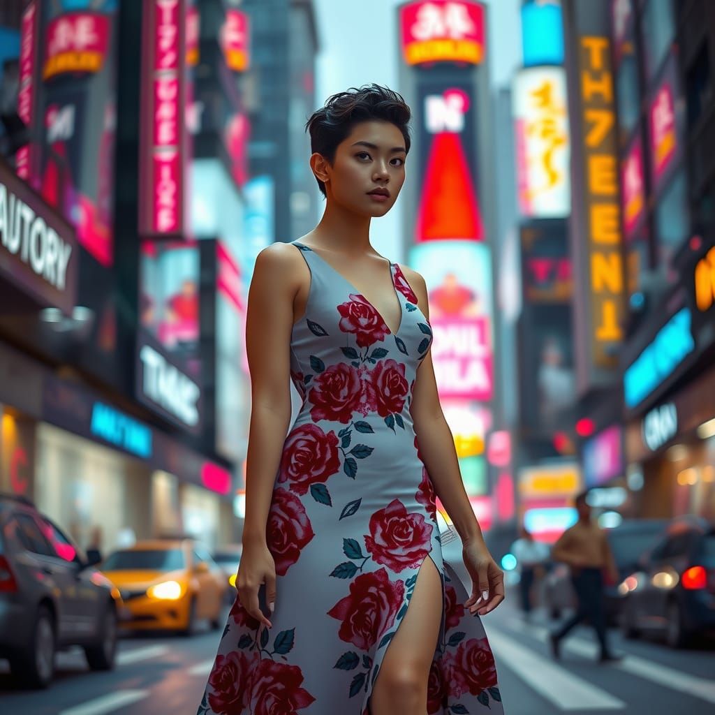 Woman in Roses Dress in Dystopian City