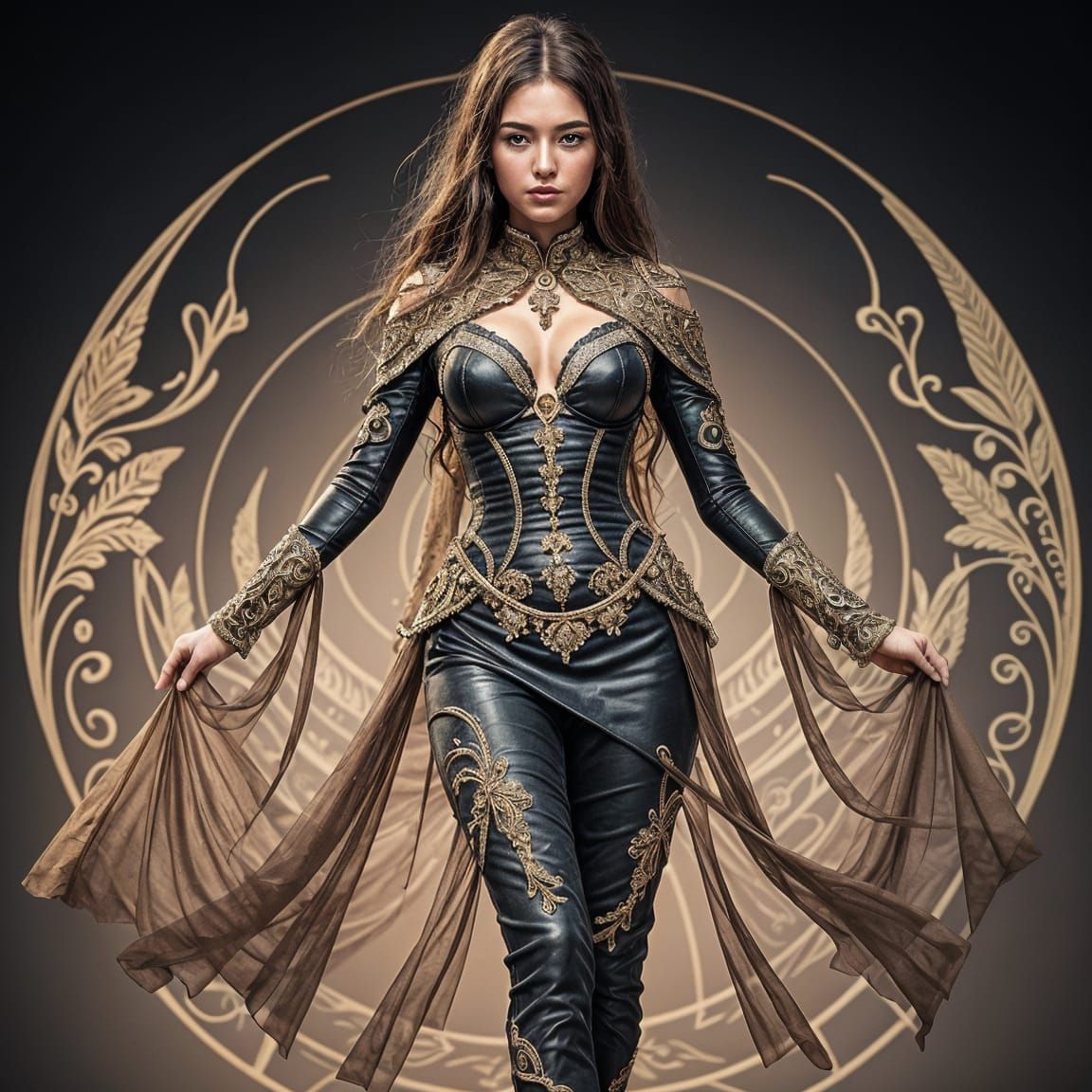 Sorceress in Catsuit with Crimson Scarf