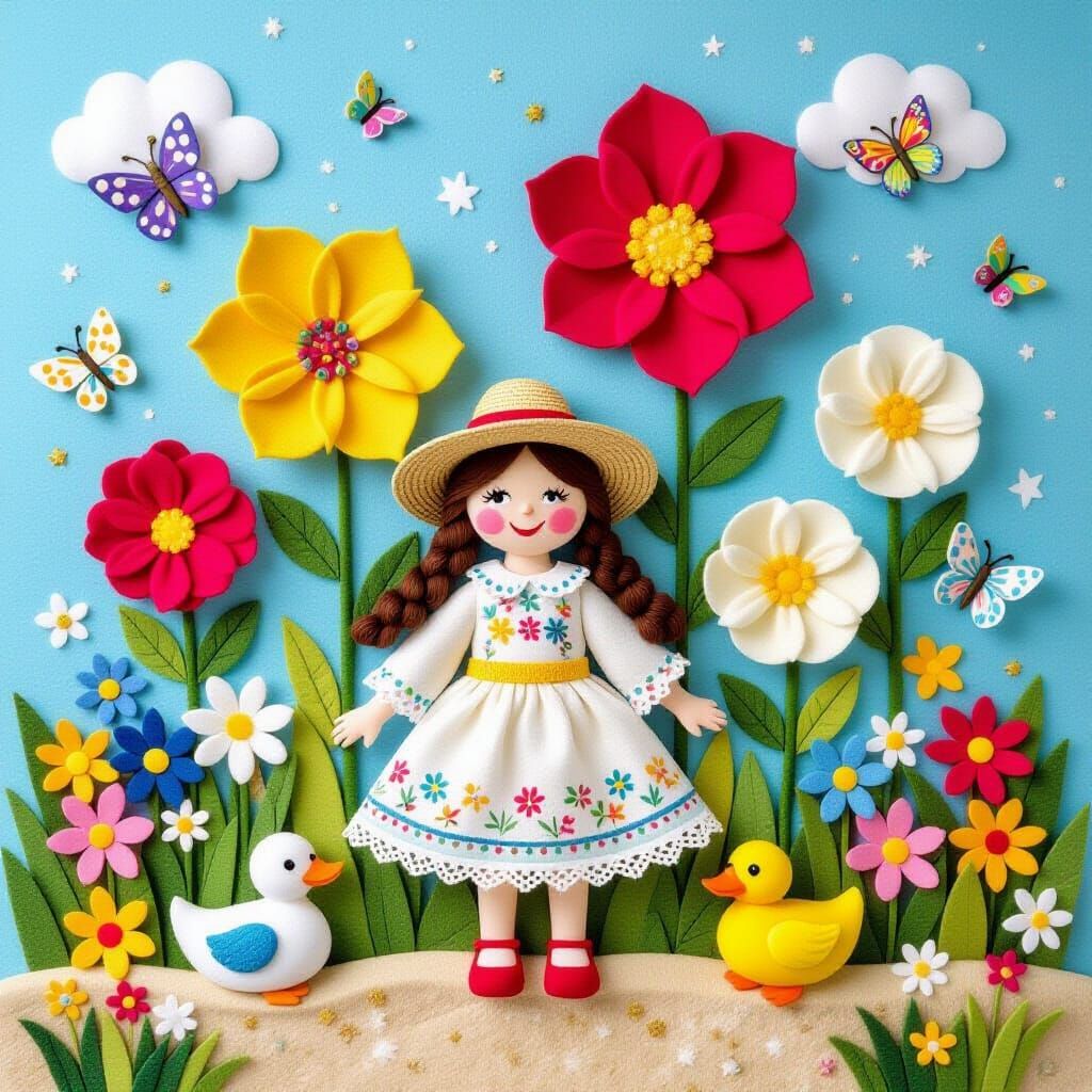 Majestic Felt Art Flower Meadow with Butterflies and Duck