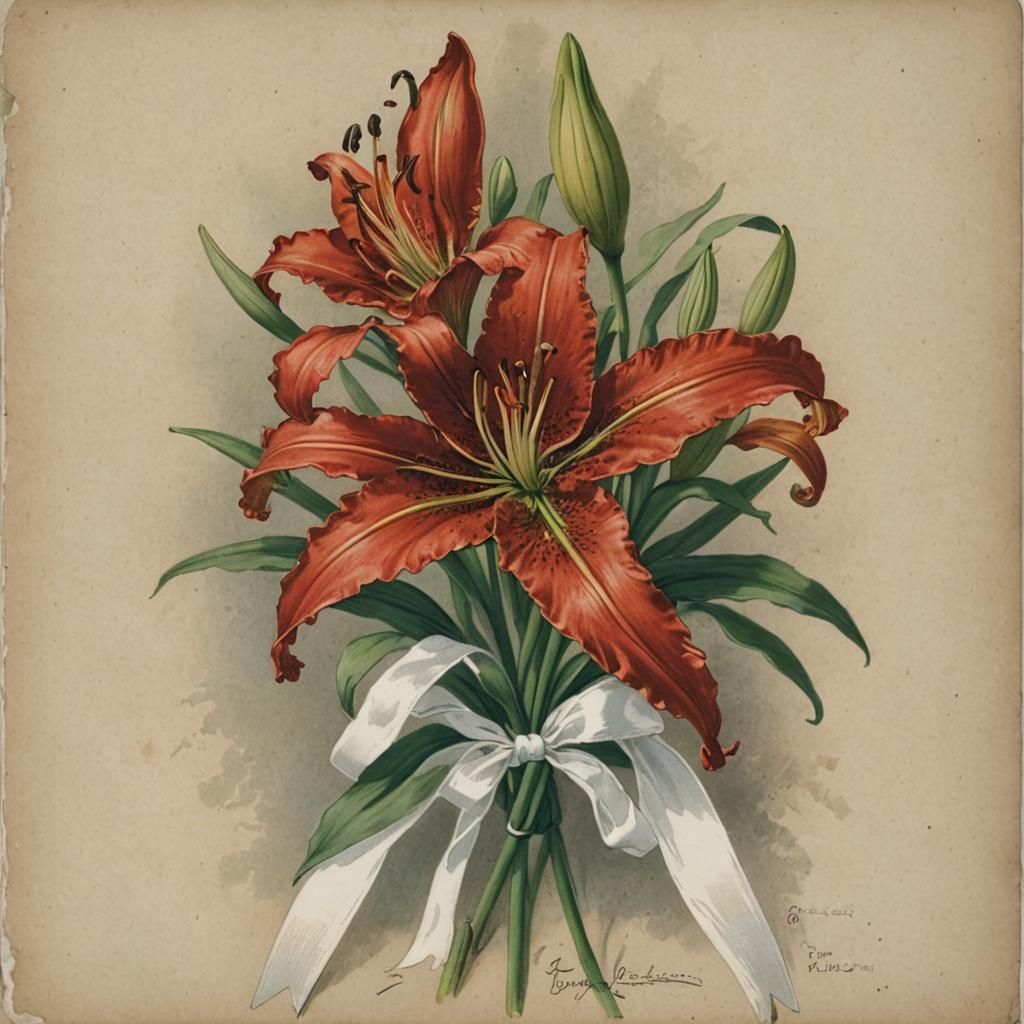 Red Lily with Ribbon in Art Nouveau Style