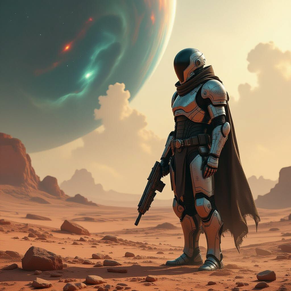 Cyborg Soldier in Alien Desert Under Nebula Sky